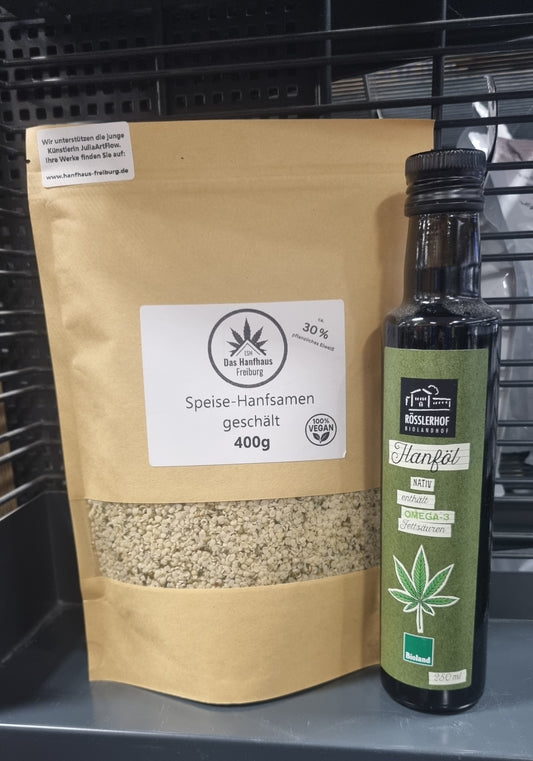 Hanf-Power-Bundle – Geschälte Hanfsamen (400 g) & BIOLAND Hanföl (250 ml)