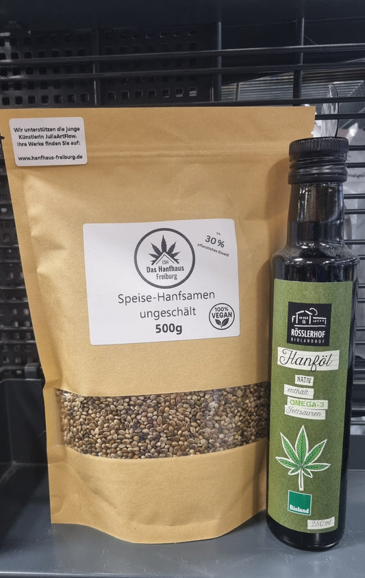 Hanf-Power-Bundle – Ungeschälte Hanfsamen (500 g) & BIOLAND Hanföl (250 ml)