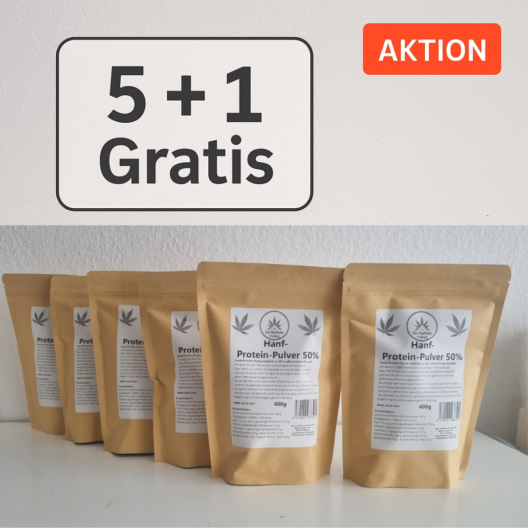 NEU. Hanf-Protein-Pulver 50 % – 5 + 1 Aktionspaket (2,4 kg)