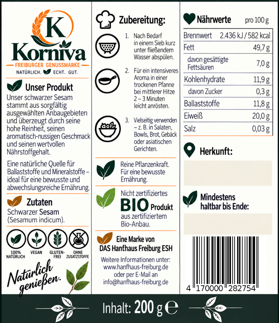Korniva Schwarzer Sesam – 12 × 200 g